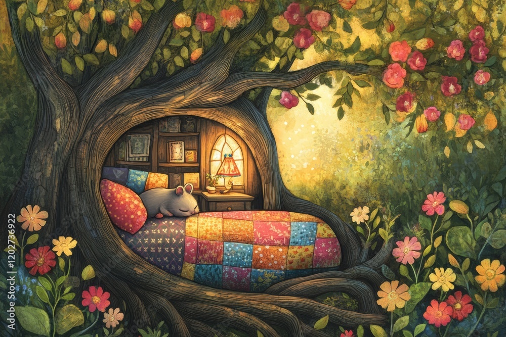 Poster cozy mouse resting in a colorful quilted bed inside a tree hollow surrounded by vibrant flowers and 