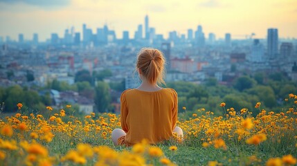 Fototapeta premium A serene scene of a person sitting in a field of flowers, overlooking a city skyline at sunset.