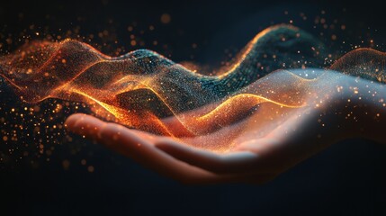 A high resolution graph of an outstretched hand holding a volumetric hologram.
