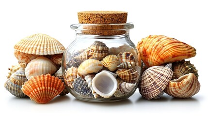 A glass jar filled with various seashells surrounded by more shells.