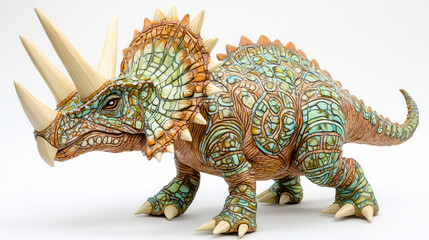 A bold triceratops in a charging stance, its horns gleaming with pale ivory, rough skin textured in shades of earthy brown and green