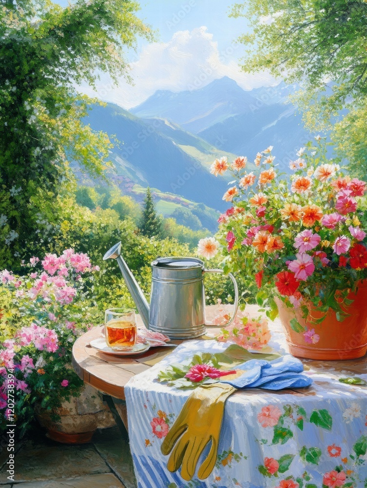 Poster beautiful garden setting with flowers and watering can overlooking majestic mountains in the backgro