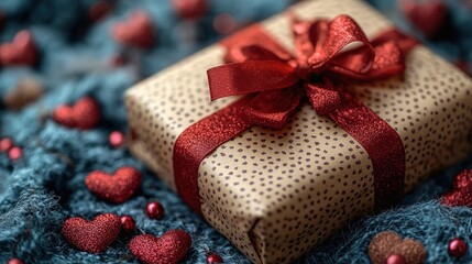 A beautifully wrapped gift box with a red ribbon on a cozy blue background surrounded by hearts