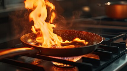 A close-up of a frying pan on a gas stove with flames burning beneath, highlighting the cooking process.