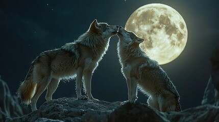 Wolves kissing under full moon, night mountains, romance
