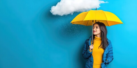 asian woman holding umbrella, rain cloud above raining on them, isolated on solid background -