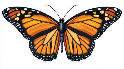 Monarch butterfly displayed prominently with vibrant orange and black wings in detailed illustration