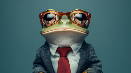 Fototapeta premium Frog in a suit wearing glasses poses confidently in a studio setting