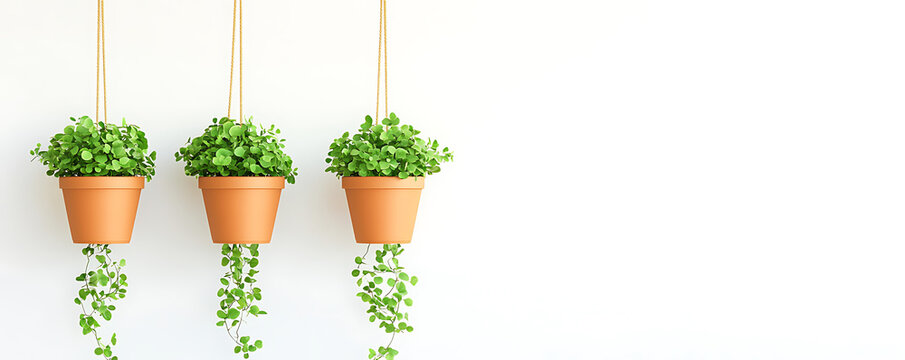 Urban gardening and green spaces, Hanging plants in terracotta pots create minimalist and clean aesthetic. vibrant greenery adds refreshing touch to any space