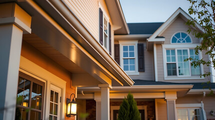 Fototapeta premium Dream House: Captivating Suburban Home at Golden Hour. Discover the architectural details and inviting exterior of this stunning residence, perfect for families seeking comfort and style.