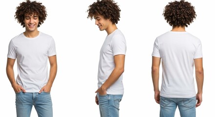 Collage with photos of man in stylish t-shirt on white background, back and front views. Mockup for design