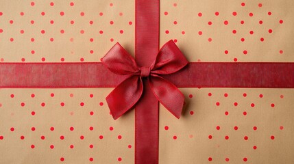 Gift wrapped with red ribbon and polka dots for a special occasion in a festive environment. Generative AI