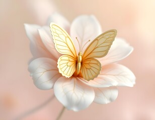 Fototapeta premium A delicate golden butterfly perched on a soft, creamy flower petal with gentle, pastel tones.
