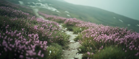 Obraz premium A winding path meanders through a landscape of thick, purple heather, evoking a sense of exploration and peace shrouded in gentle mist.