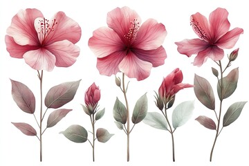 Obraz premium A collection of delicate pink hibiscus flowers in various stages of bloom and growth.