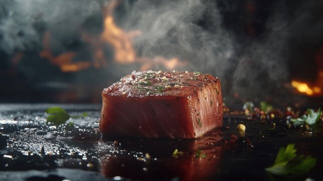 Close up of hot seared tuna with firer
