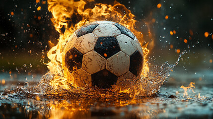 Naklejka premium Soccer ball ignited by flames splashes into a puddle during a rainstorm