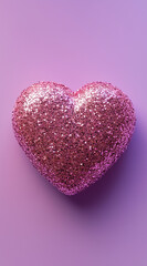 Fototapeta premium A cute heart-shaped, glittery pink wallpaper with a pastel purple background.Minimal creative Valentine's holiday concept.Copy space,flat lay 