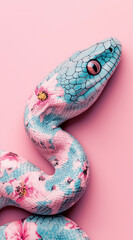 Fototapeta premium A cute snake made of pastel blue fabric with a floral pattern on a pink background, digital art with sharp focus.