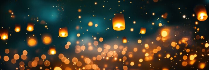Glowing Sky Lanterns at Night with Golden Bokeh Lights.