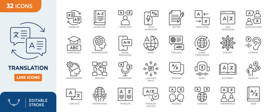 Translation icon set. Containing language, bilingual, communication, speaking and more. Outline Icon Collection. Vector illustration. Editable stroke	