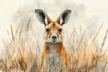 Fototapeta premium A detailed illustration of a kangaroo amidst tall grasses, showcasing its curious expression.