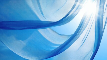 A close-up shot of a beach umbrella's fabric, with a clear blue sky and the sun shining through.