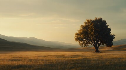Obraz premium Solitary Tree Stands in Golden Sunset Field