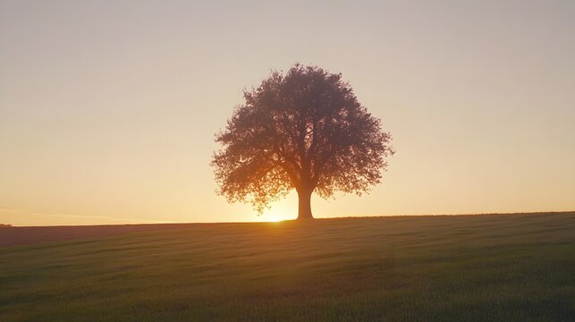 Solitary Tree Silhouetted Against Sunset Over Field