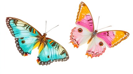 Two vibrant butterflies with colorful wings in flight