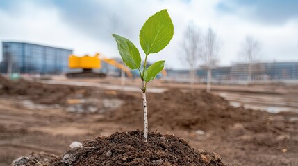 A construction site transformed into a phytoremediation project with pioneer species like birch trees planted in toxic soil, clean and innovative