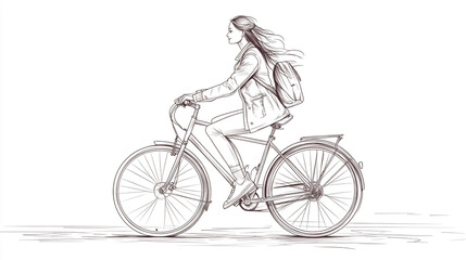 Obraz premium Young woman riding a bicycle with a backpack in an urban setting