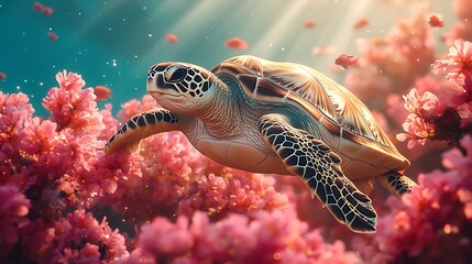 Fototapeta premium Sea turtle swims coral reef, sunlit ocean, fish