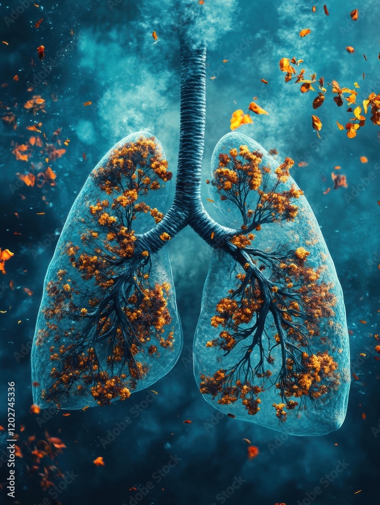 Poster artistic representation of lungs intertwined with autumn leaves in a creative and surreal display of
