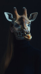 Obraz premium Surreal photo of a woman with a giraffe head, against a dark background.Minimal creative fashion concept with copy space