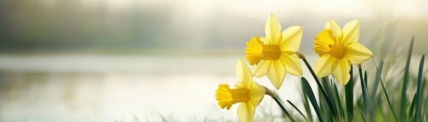 Fototapeta premium A serene image of yellow daffodils blooming beside calm water, evoking a sense of tranquility and the beauty of nature