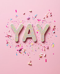 Confetti letters spelling the word "YAY" on a solid pink background.Minimal creative party concept.Copy space,flat lay 