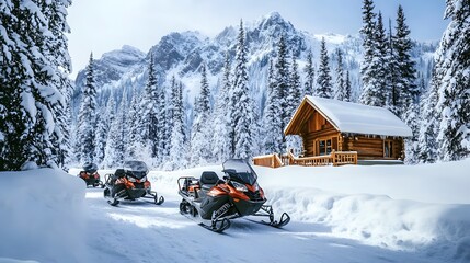 Snowmobiles travel towards a snowy cabin in the mountains