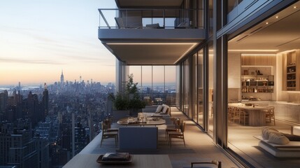 A contemporary dining area with an open aluminum frame sliding door overlooking a city skyline.