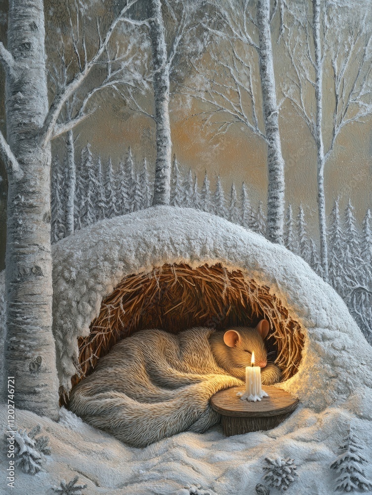 Aufkleber cozy winter scene with a bear resting in a snow covered den illuminated by a candle. generative ai
