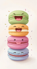 Cute macarons with faces and long tongues, on a white background, in a cute cartoon style, with pastel colors , digital art.Minimal creative food concept.Copy space,flat lay