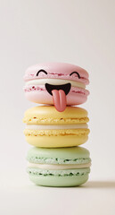 Cute macarons with faces and long tongues, on a white background, in a cute cartoon style, with pastel colors , digital art.Minimal creative food concept.Copy space,flat lay