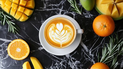 Aromatic Latte with Mango and Orange Slices on Marble Surface