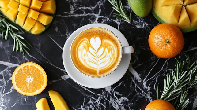 Aromatic Latte with Mango and Orange Slices on Marble Surface