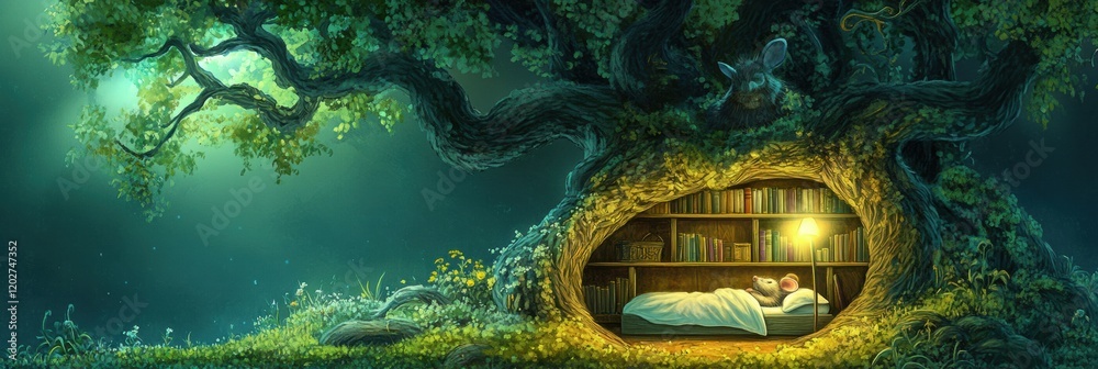 Poster dreamy sleeping nook inside an enchanted tree surrounded by soft glowing light and shelves filled wi