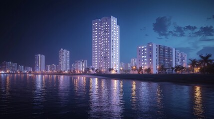 Obraz premium Night cityscape by the ocean, illuminated buildings reflect on calm water.