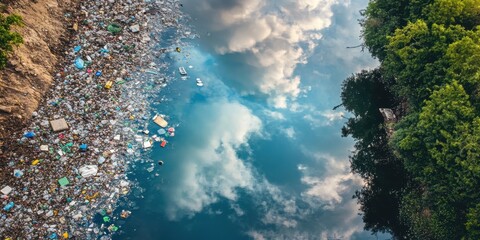 Aerial View of Polluted Water Body with Plastic Waste and Sky Reflection.