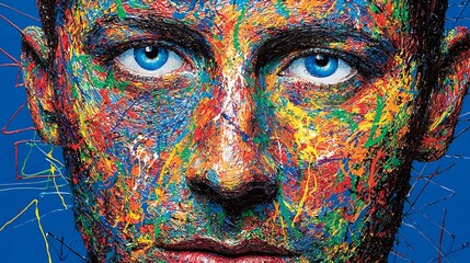 Colorful portrait, abstract paint splash, intense gaze, blue background, art print