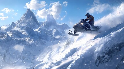 Snowmobile Rider Ascends Majestic Snowy Mountain Peaks