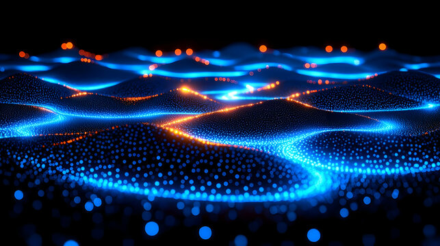 Abstract digital landscape with glowing blue and orange waves